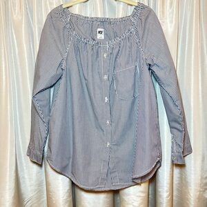 NSF Women's Navy Pinstripe Button Down Off Shoulder Shirt, 100% cotton, Large